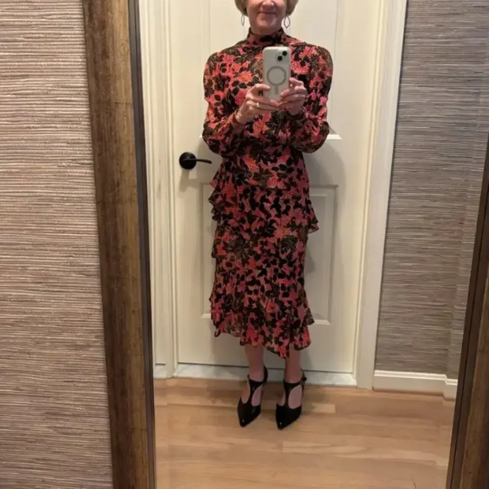 Saloni Floral Chiffon Midi Dress SIZE 4 Silk Ruffle Mockneck Work Designer $700 - Picture 7 of 12